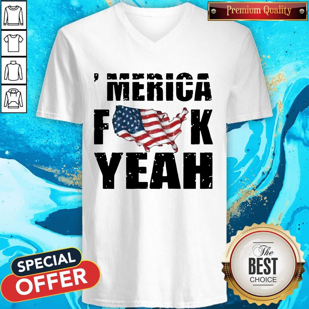Merica Fuck Yeah American Map FlagV- neck 