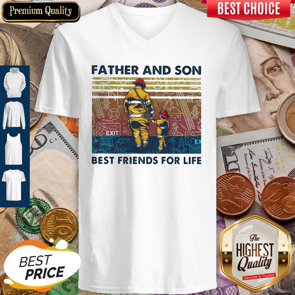Firefighter Father and Son Best Friends For Life Vintage Retro V-neck