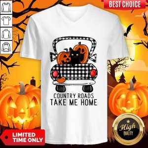 Country Roads Take Me Home Pumpkin Cat Halloween V-neck