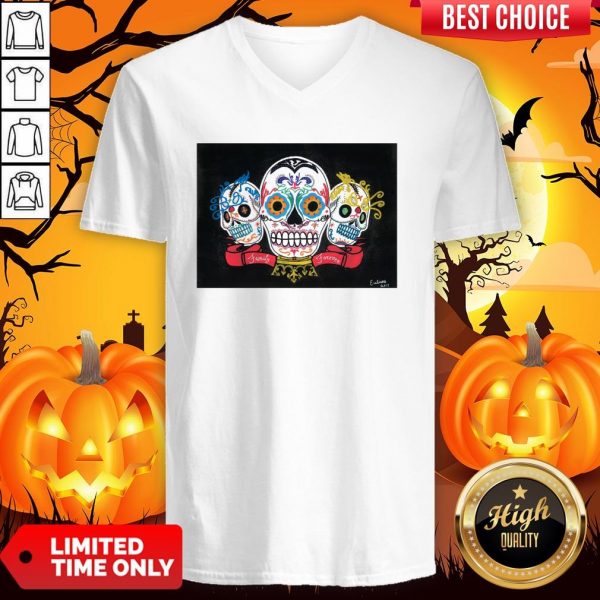 Three Sugar Skulls Brothers Family Forever Day Of The Dead V-neck