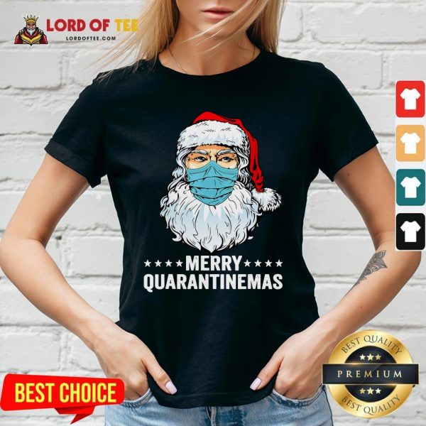 Merry Quarantine Christmas Santa Wearing Mask Funny Gift T-V-neck