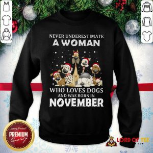 Never Underestimate A Woman Who Loves Dogs And Was Born In November Christmas Sweatshirt-Design By Lordoftee.com