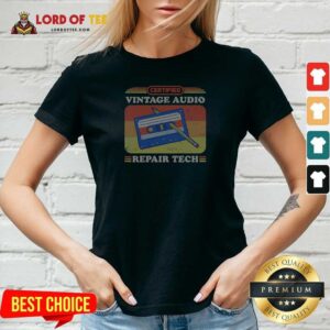 Awesome Certified Vintage Audio Repair Tech Cassette V Neck Shirt v neck optimized image showing front design on a fitted v neck garment
