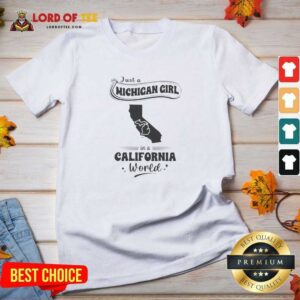 Official Just A Michigan Girl In A California World v neck optimized women's fitted v neck t-shirt in heather gray